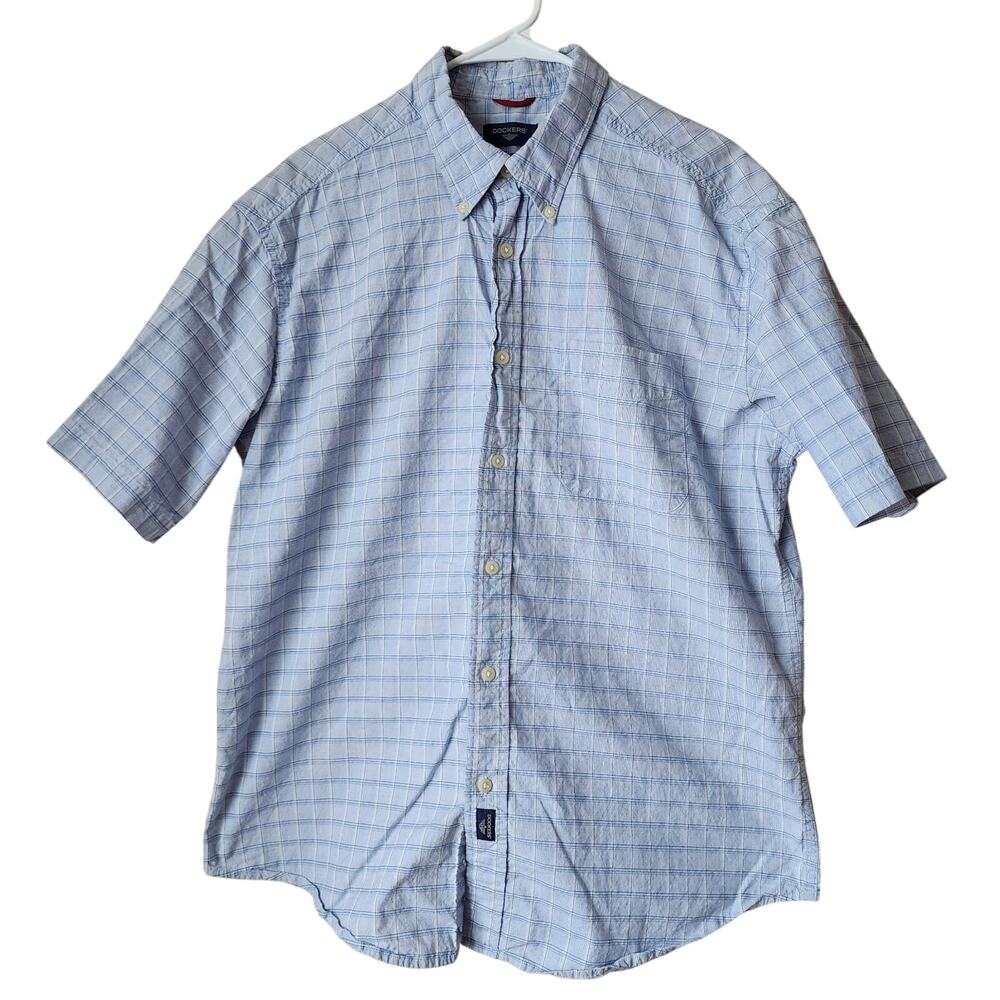 Dockers Dress Shirt Mens Size Large Short Sleeve Button Down Up Blue Plaid
